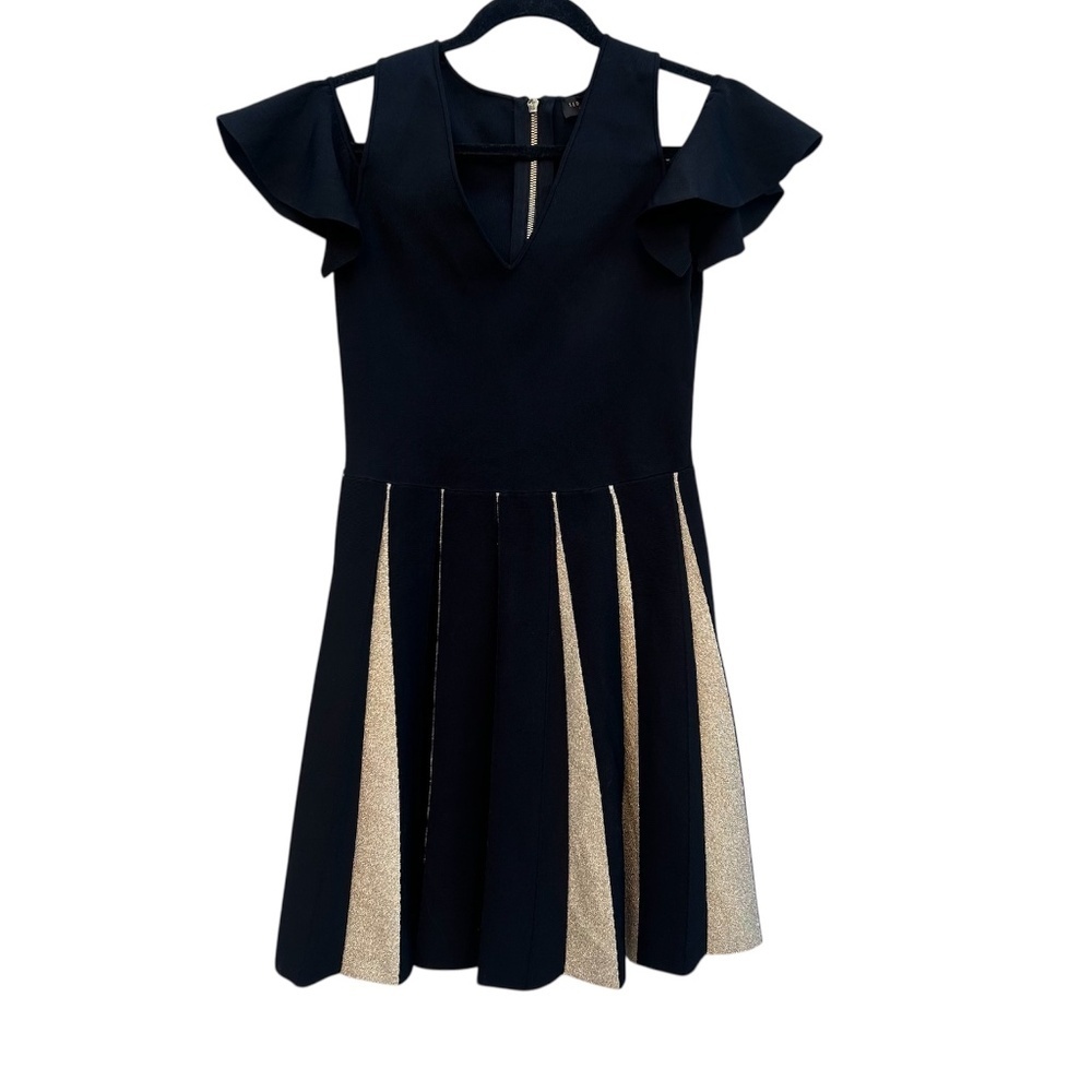 Ted Baker Wytney Black & Gold Cold Shoulder Skater Dress Size 3 - Picture 3 of 16